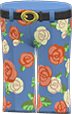 Orange roses on blue rose-print slacks