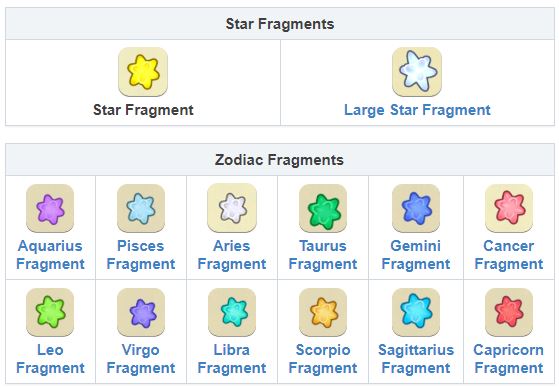 Animal Crossing New Horizons Star Fragments, Large Star Fragments, Zodiac Fragments