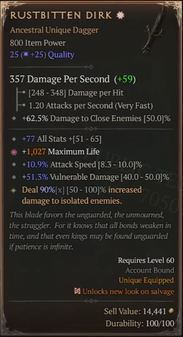 Diablo 4 Season 12 New Uniques - Rustbitten Dirk